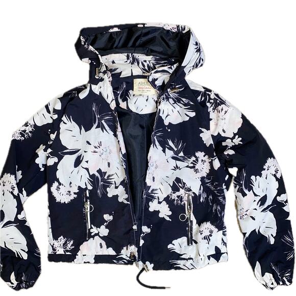 XS Hooded Black White Tropical Floral Windbreaker Jacket‎ Coat Open Front - Picture 1 of 3
